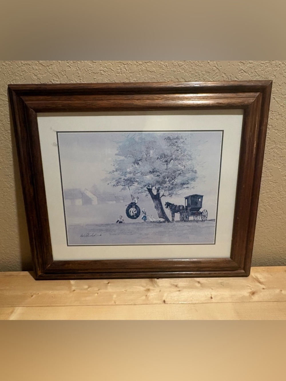 Framed Vintage-Style Rural Print in Muted Blue Tones, Artist Polomchak